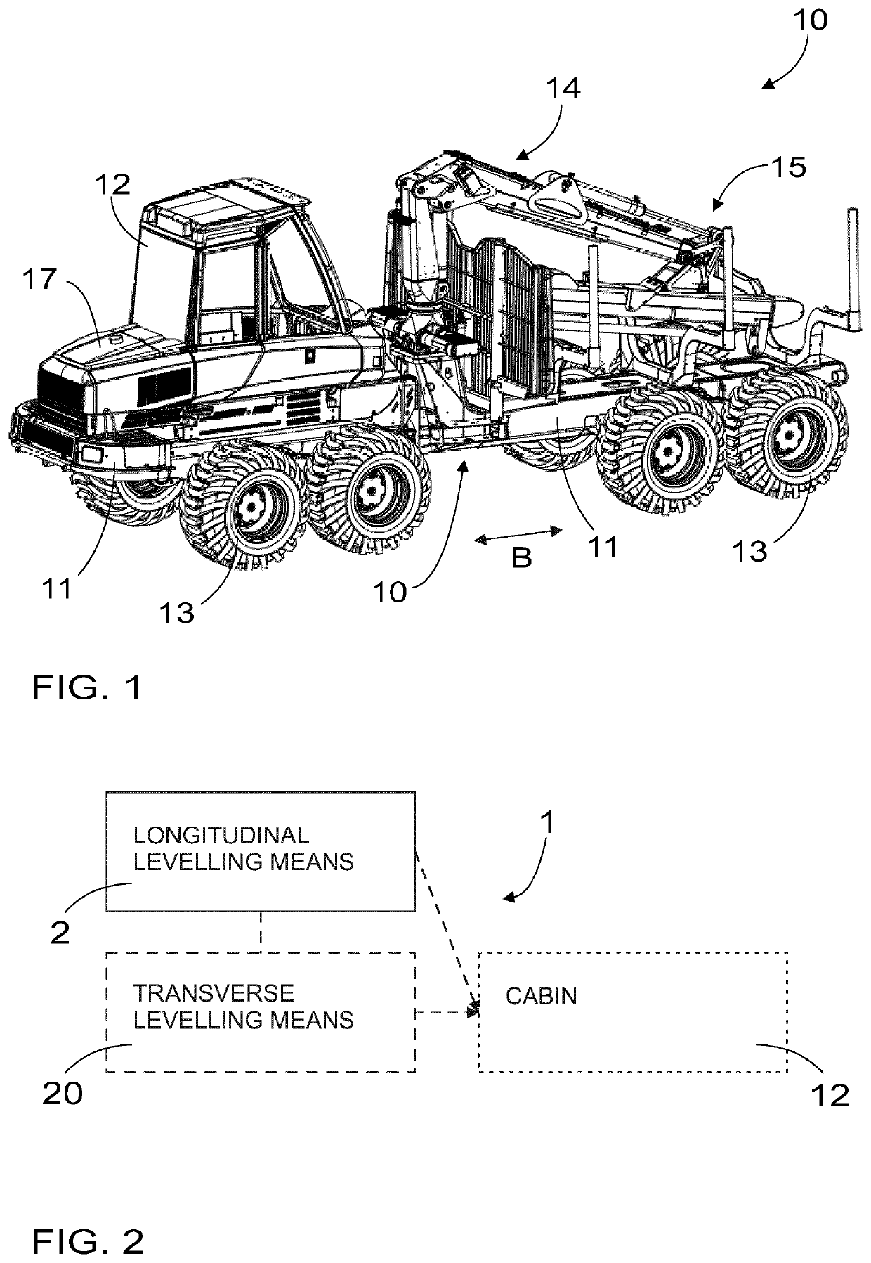 Arrangement and method for levelling a cab of a work machine