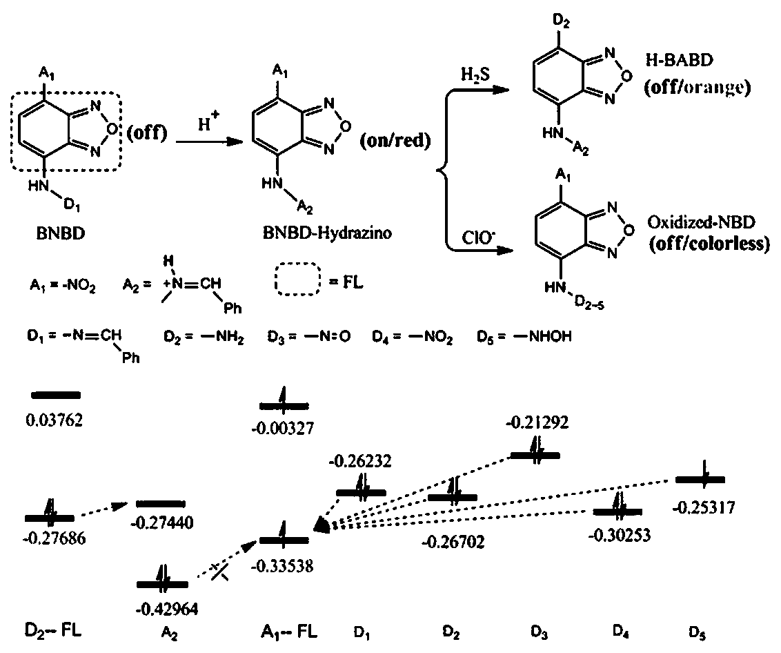 Preparation method and application of a double response detection clo-/h2s fluorescent molecular probe based on hydrogen ion activation