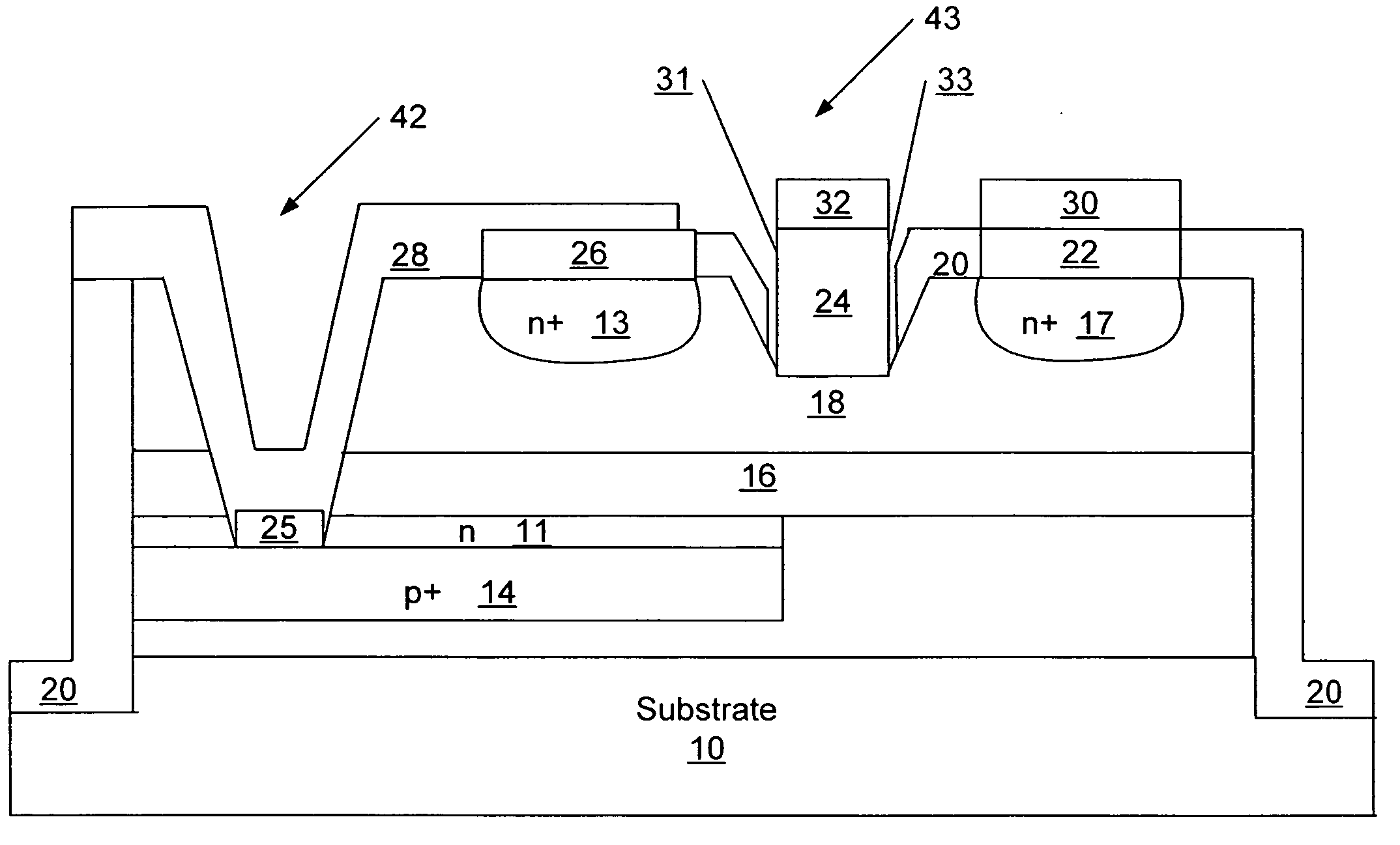 Transistors having buried N-type and P-type regions beneath the source region and methods of fabricating the same