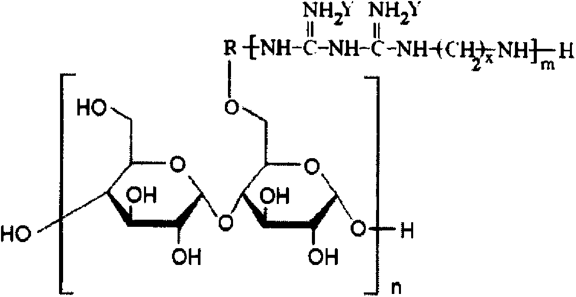 Modified starch for grafting guazatine oligomer as well as preparation method and application of modified starch