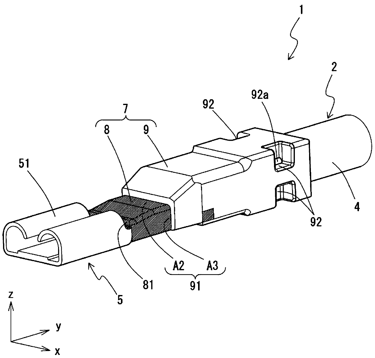 Cable with terminal formed therein and wire harness