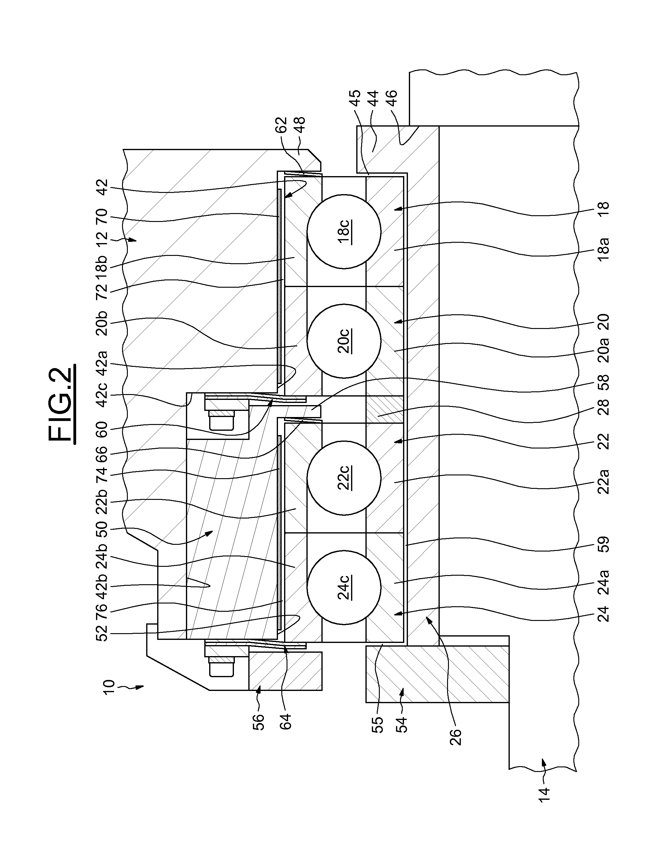 Rotating machine with at least one active magnetic bearing and spaced auxiliary rolling bearings