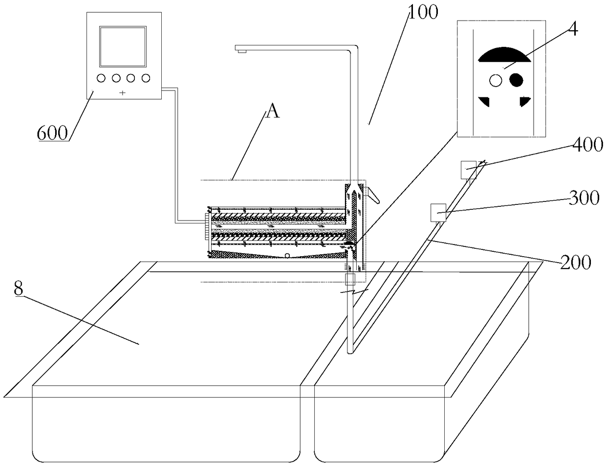 Back-flushing tap with water drinking window, water purifying basin and water purifying system