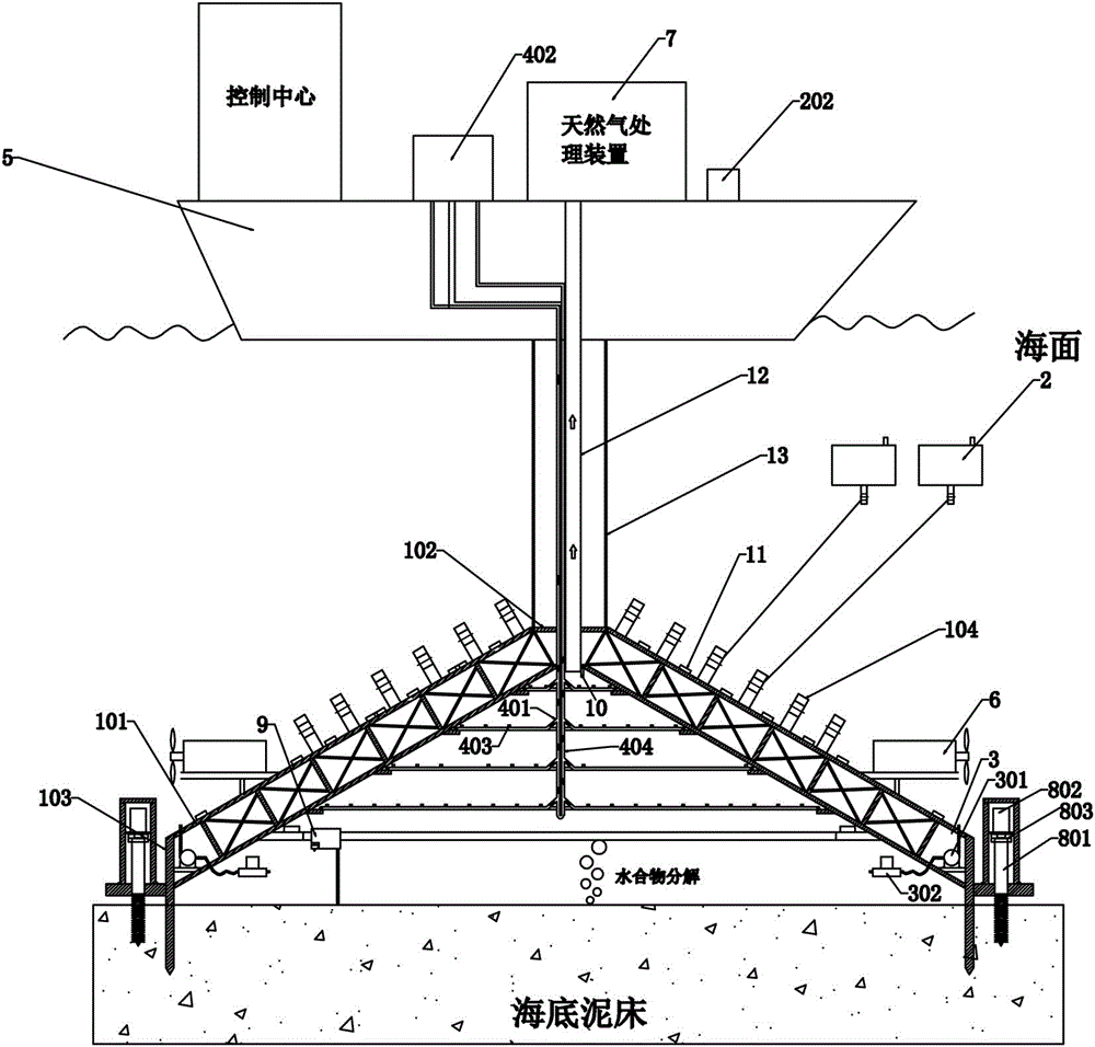 Seabed natural gas collecting device and method for suspension buoyancy tank hot water circulation pipe heating