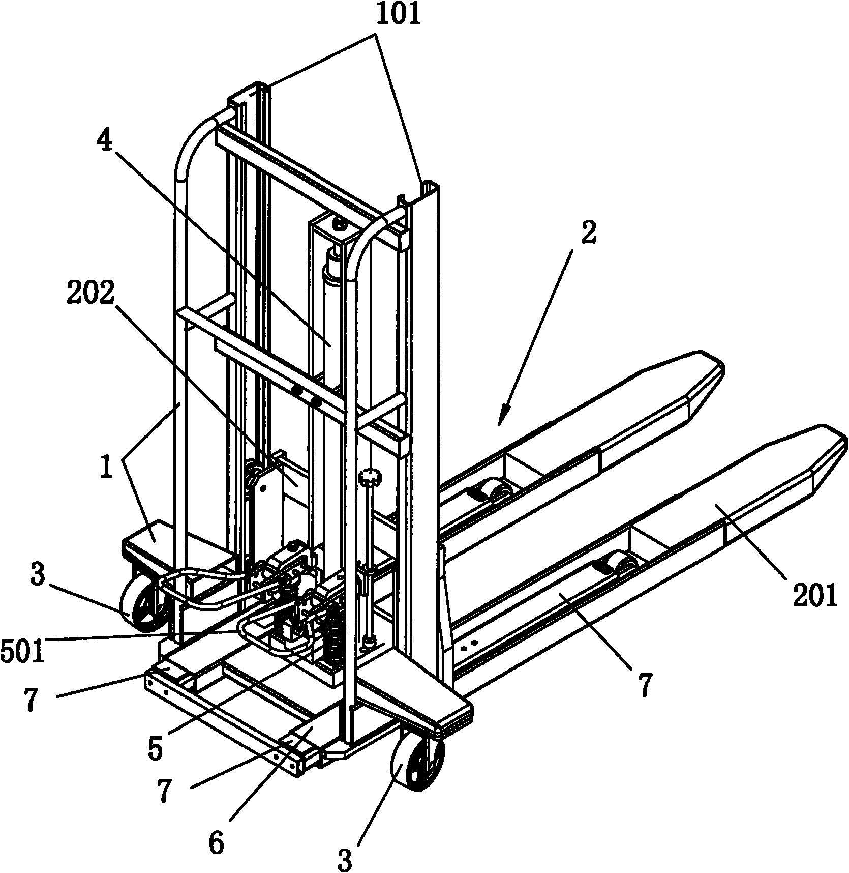 Manual self-elevating pallet truck