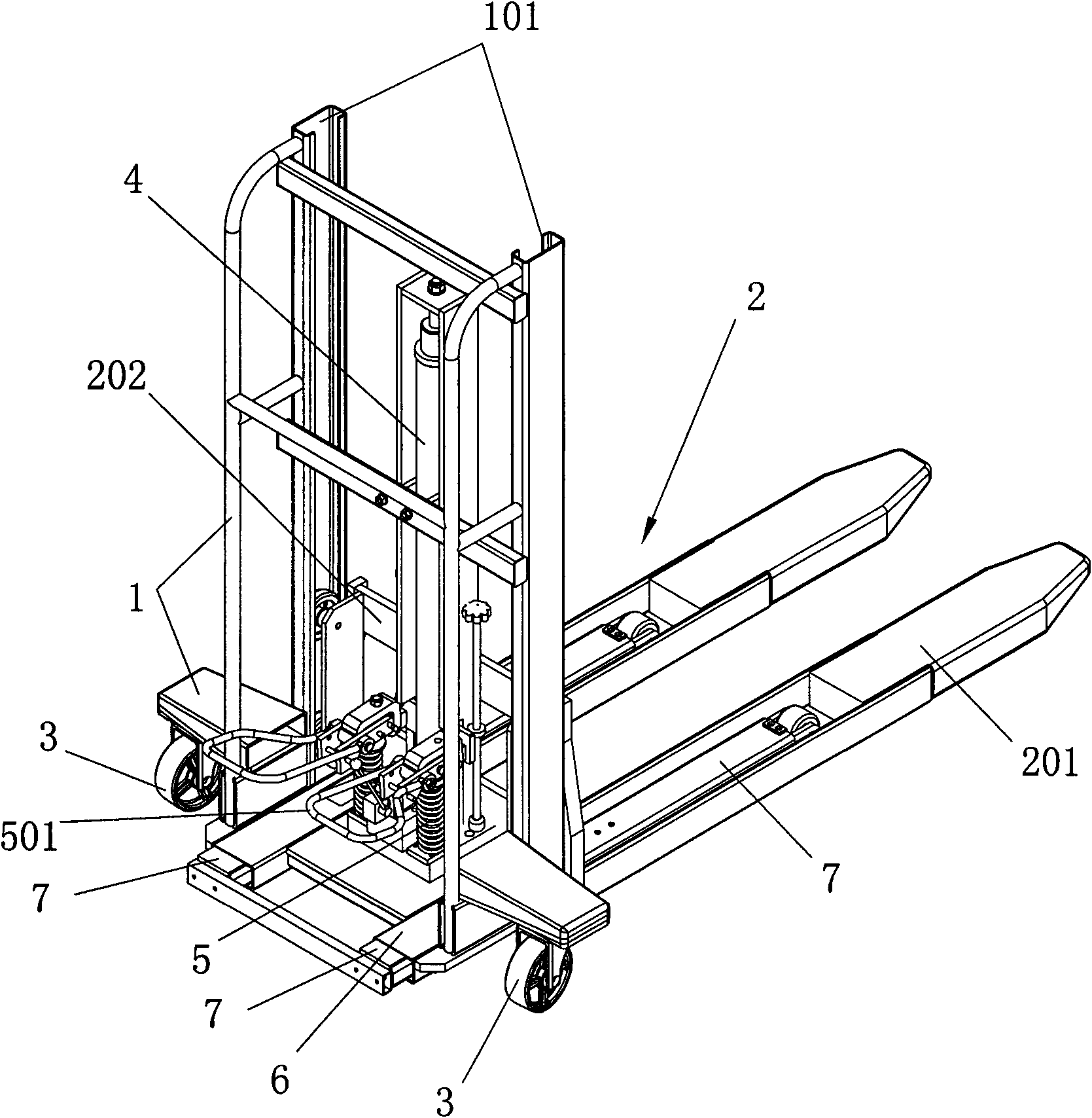 Manual self-elevating pallet truck