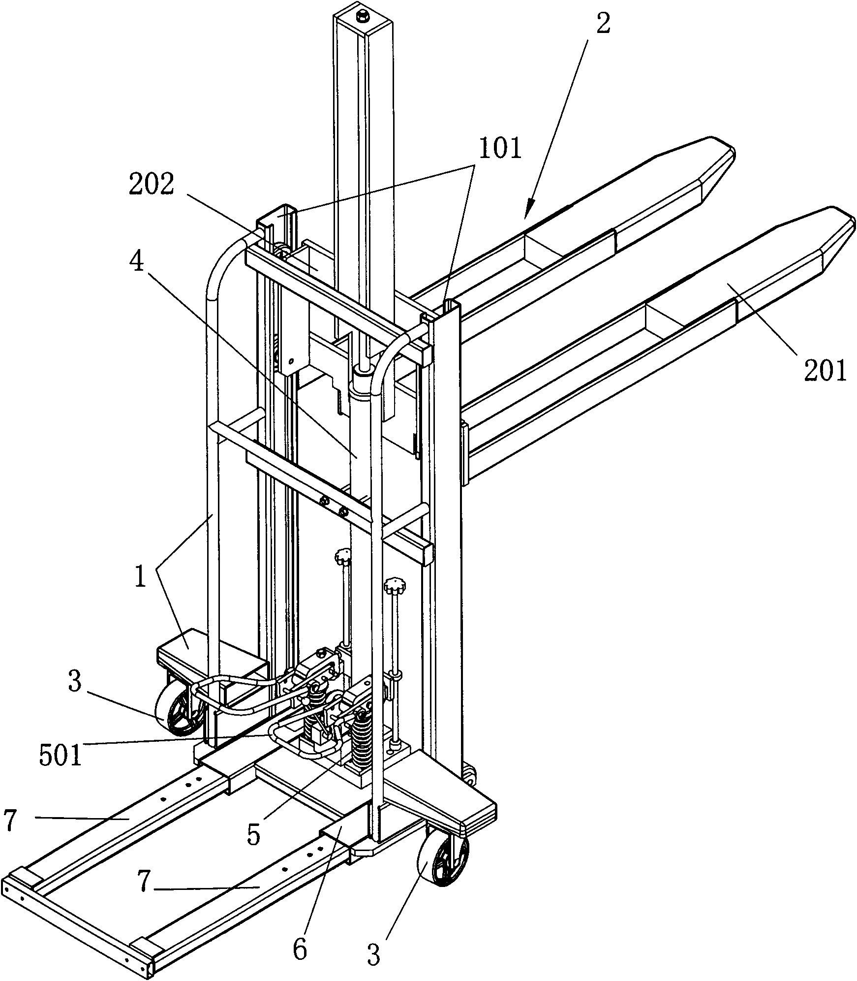 Manual self-elevating pallet truck