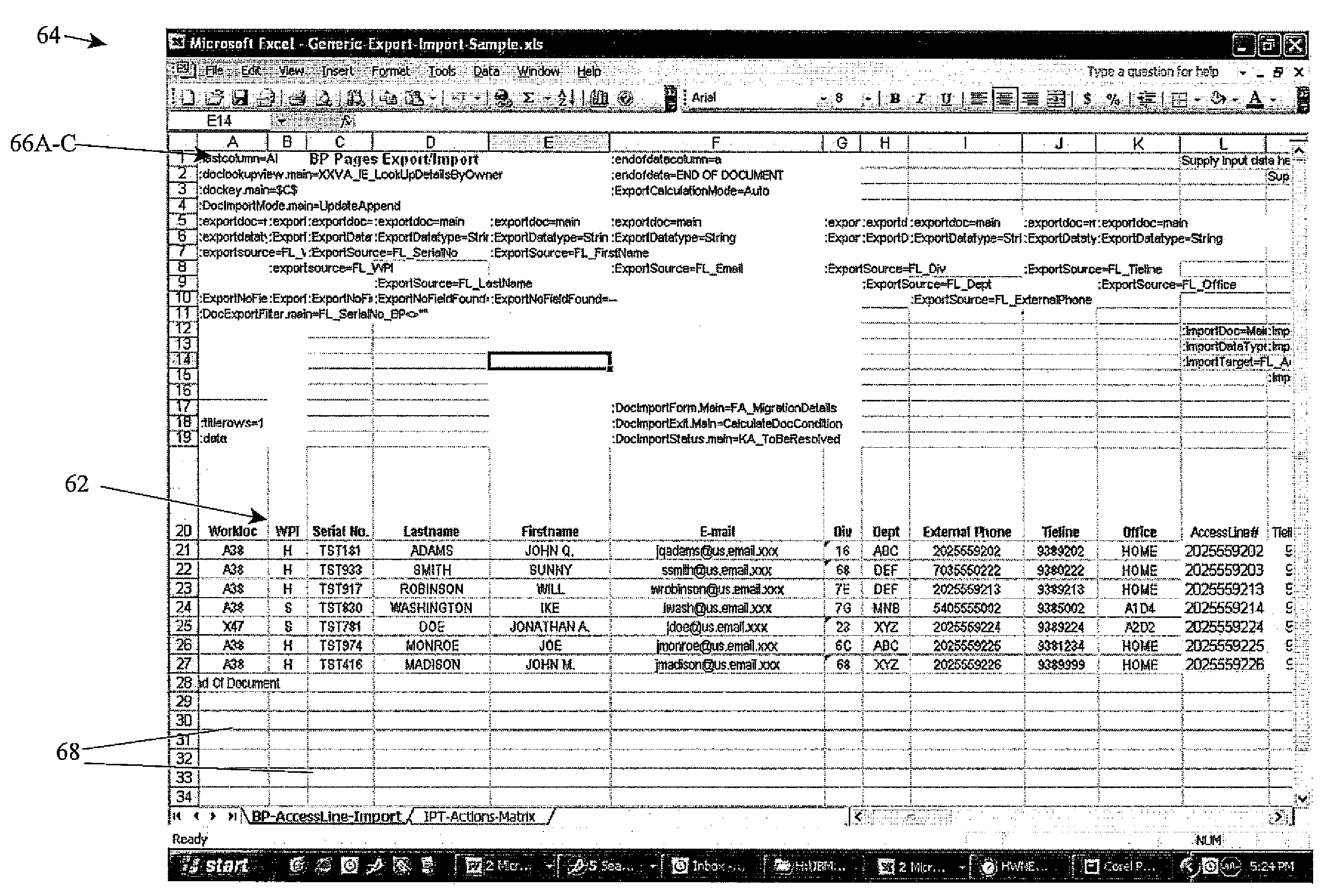 Method, system and program product for defining imports into and exports out from a database system using spread sheets by use of a control language