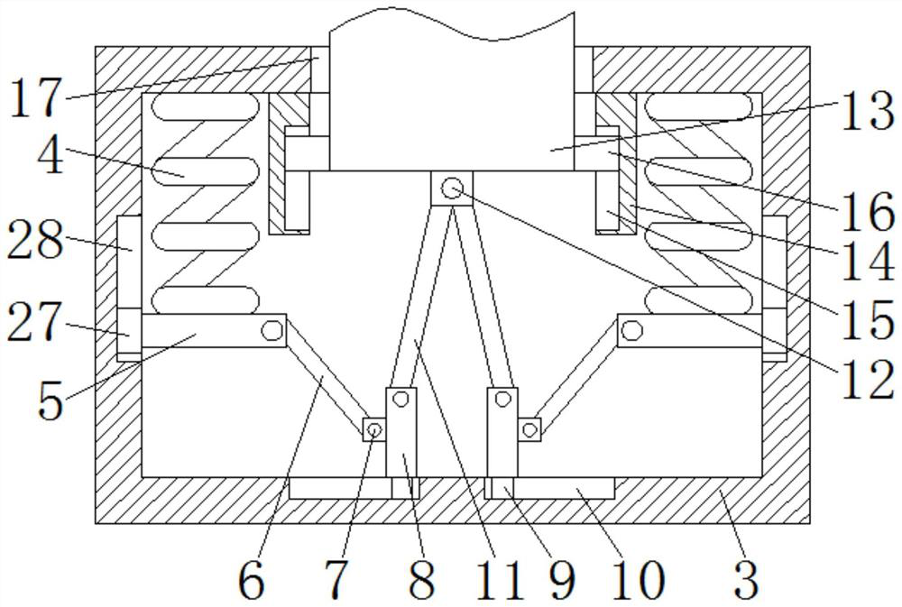 A shock-absorbing storage box for aviation models that uses a secondary connecting rod to avoid dead spots