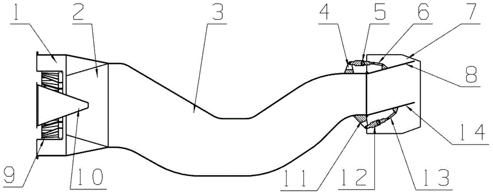 S-shaped binary spraying pipe having vector deflection function