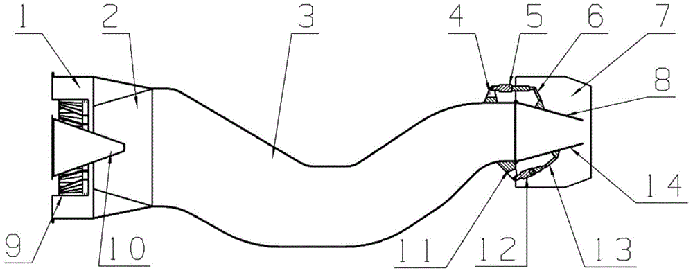 S-shaped binary spraying pipe having vector deflection function