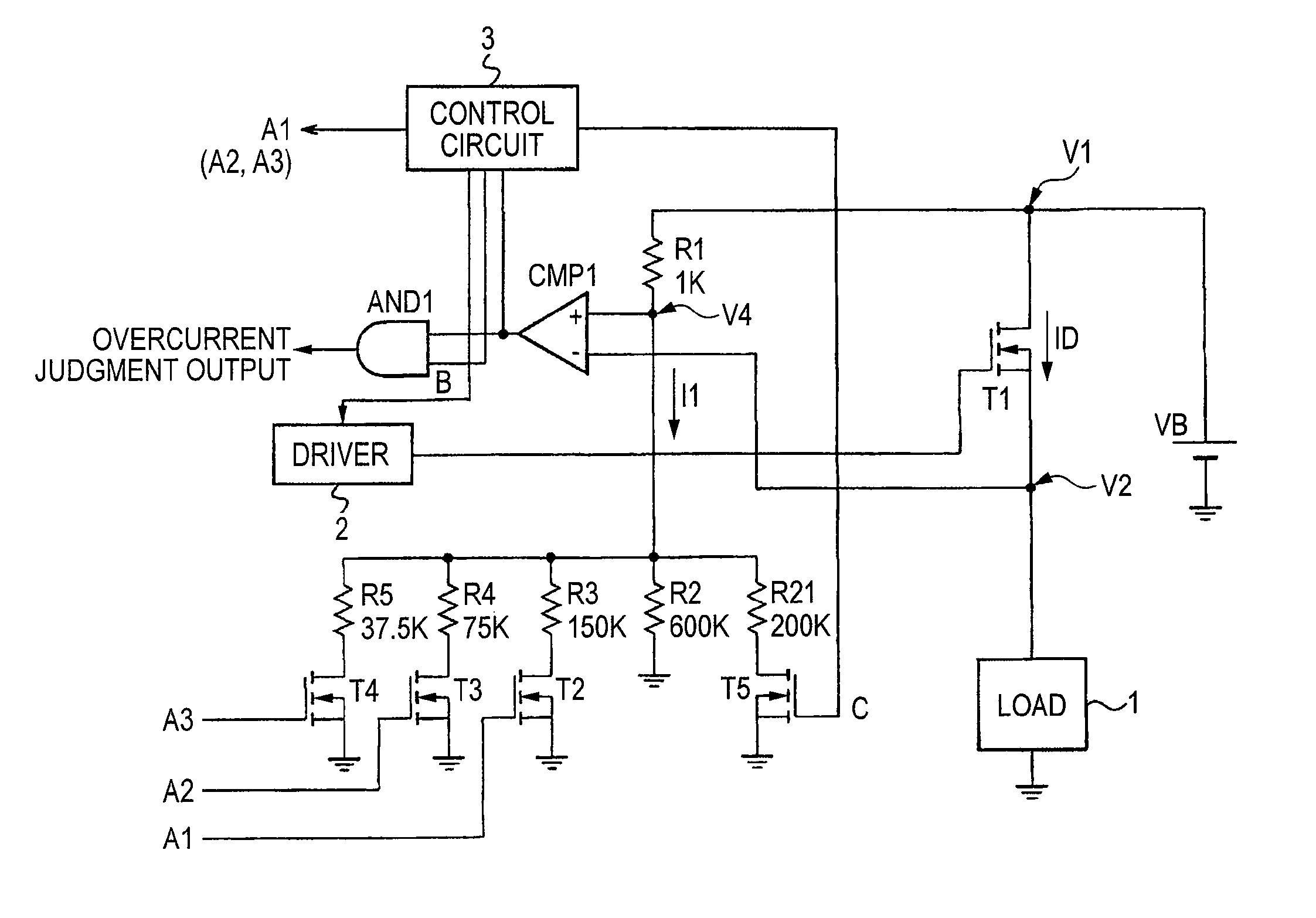 Load driving device with diagnosing unit for overcurrent detector