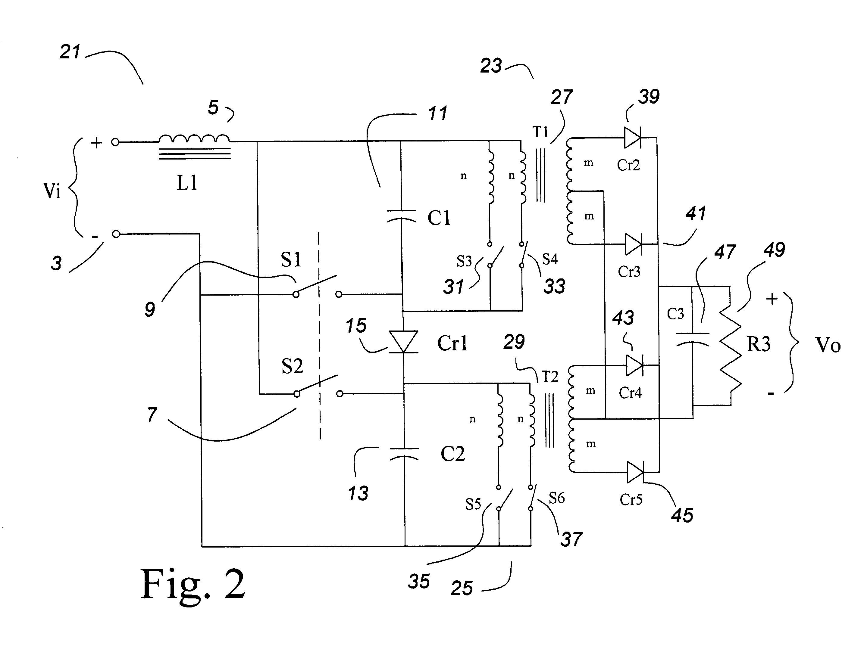 Power converter with an inductor input and switched capacitor outputs