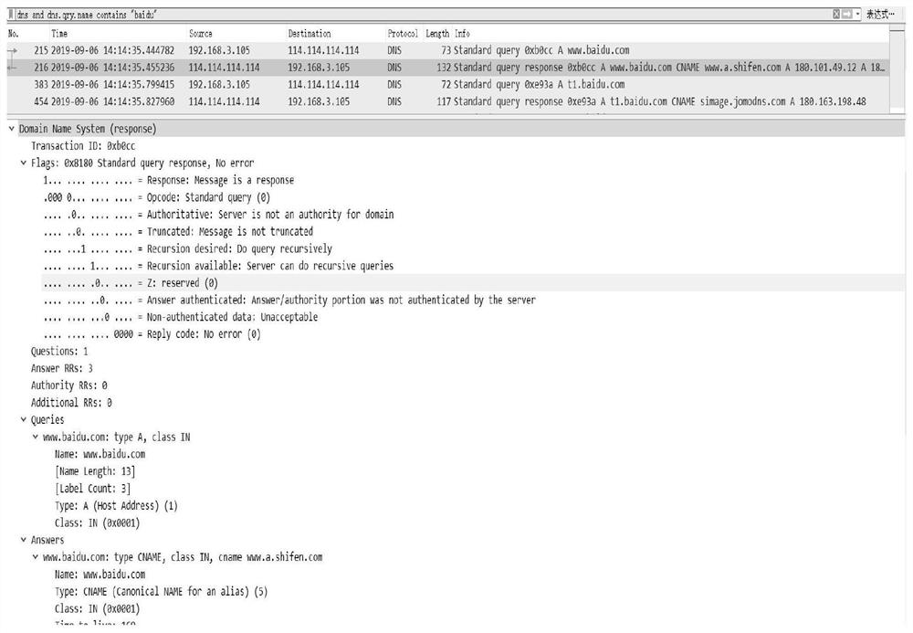 Recursive log extraction method and device based on DNS response data message