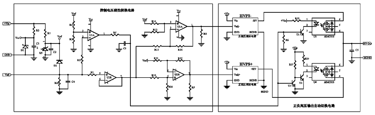 An integrated positive and negative continuous linear adjustable high voltage output power supply circuit