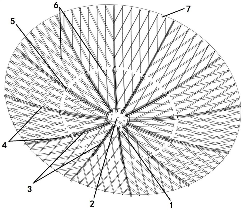 Deployable grid supports folded rib antenna reflector