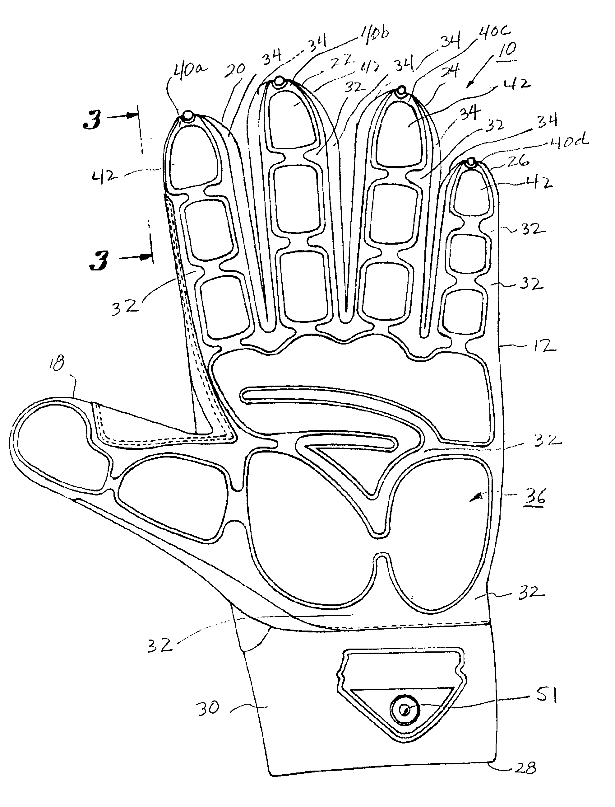 Glove having molded rubber palm pattern with a portion that rolls over fingertips