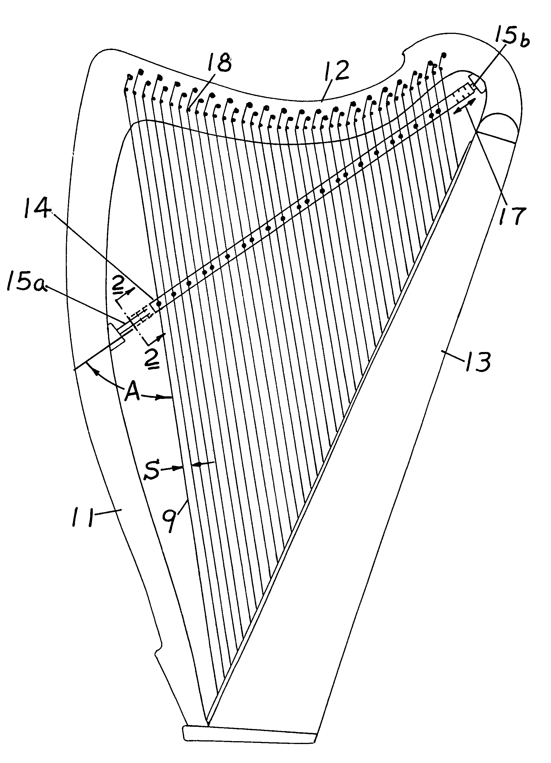 In-line chromatic harp with an adjustable string guide