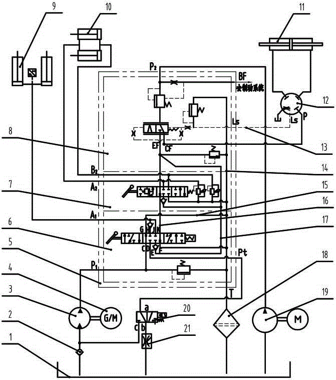 A forklift hydraulic system with double pump oil supply and energy recovery