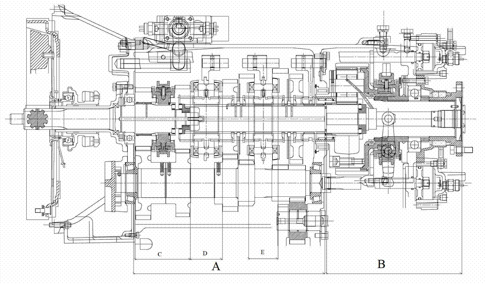 Novel 16-gear speed changing box with oblique gears, double middle shafts and lock ring type synchronizers