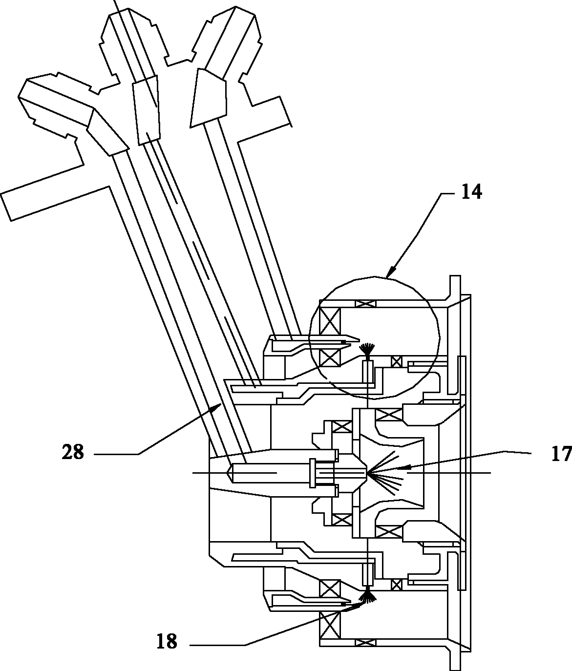 Prefilming three-stage pre-mixing and pre-evaporating low-pollution combustor