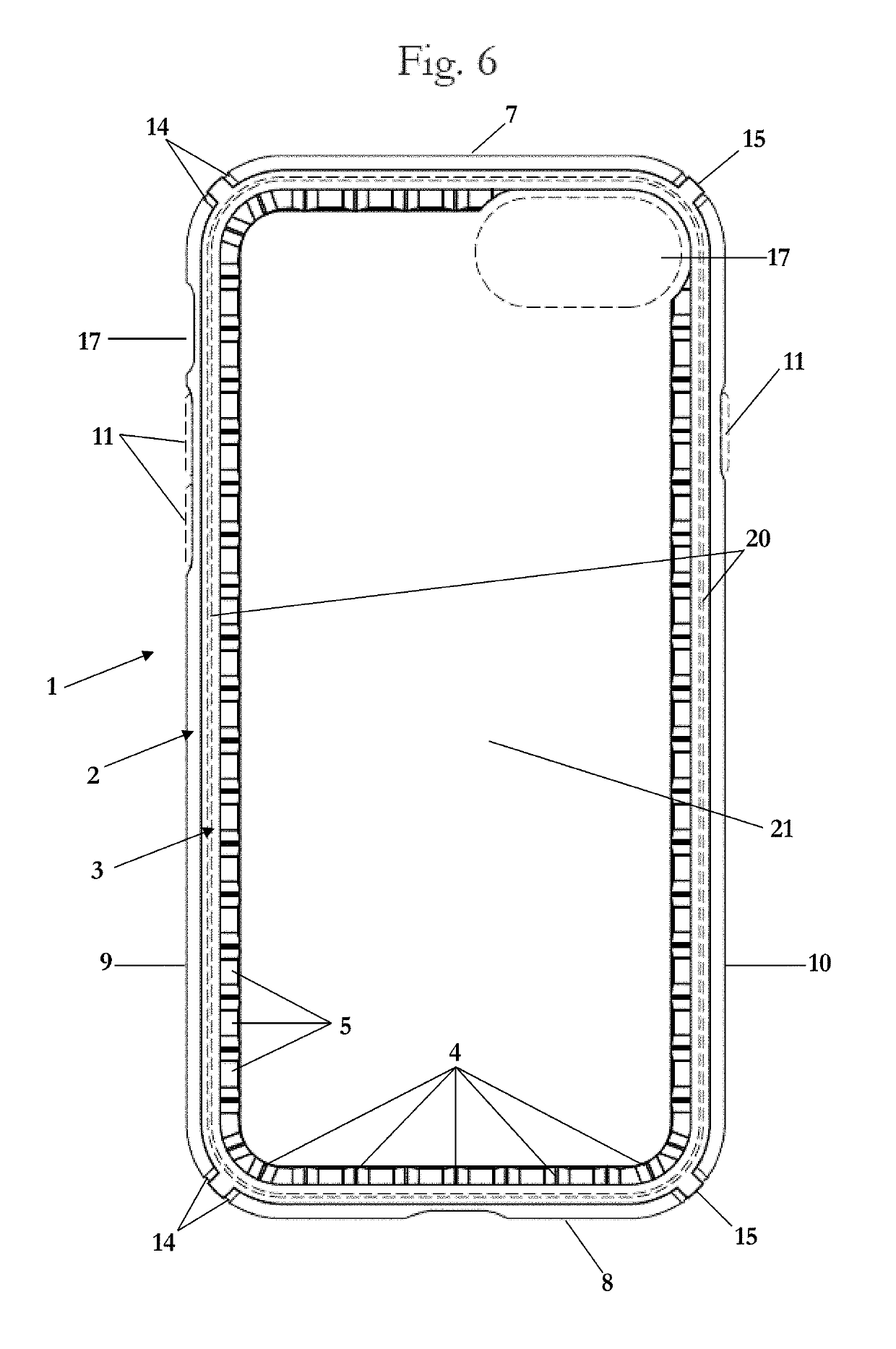 Case with shock-absorbing impact geometry