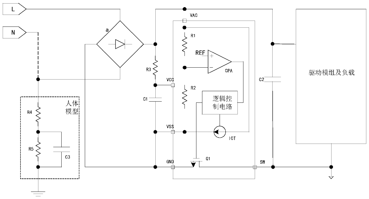 Mains voltage leakage detection control circuit and method