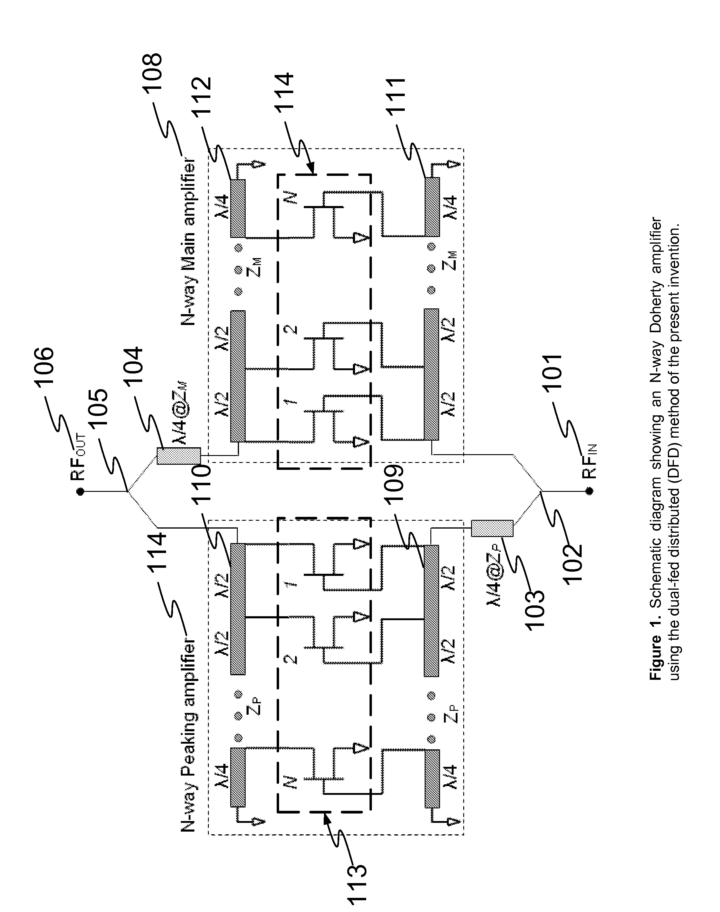 N-way Doherty distributed power amplifier with power tracking