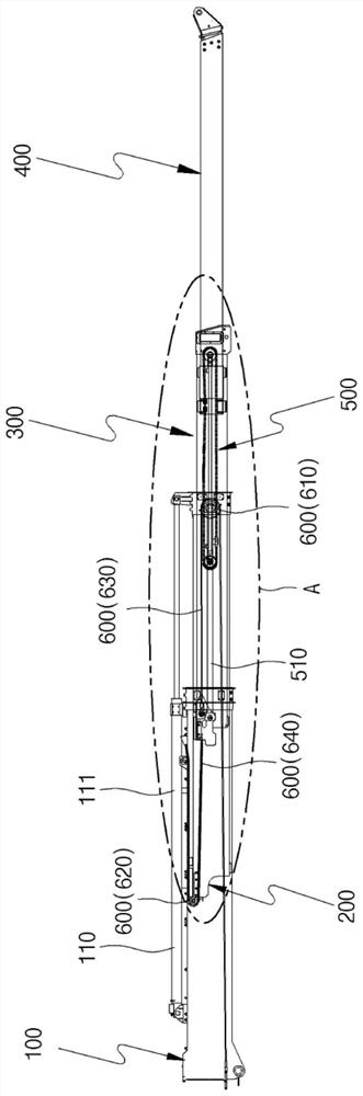 A four-stage boom device for a live-wire operations vehicle