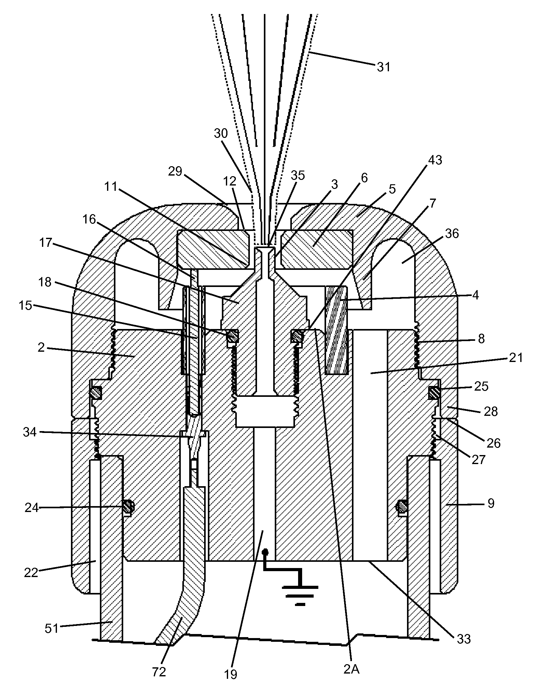 Electrostatic liquid spray nozzle having an internal dielectric shroud