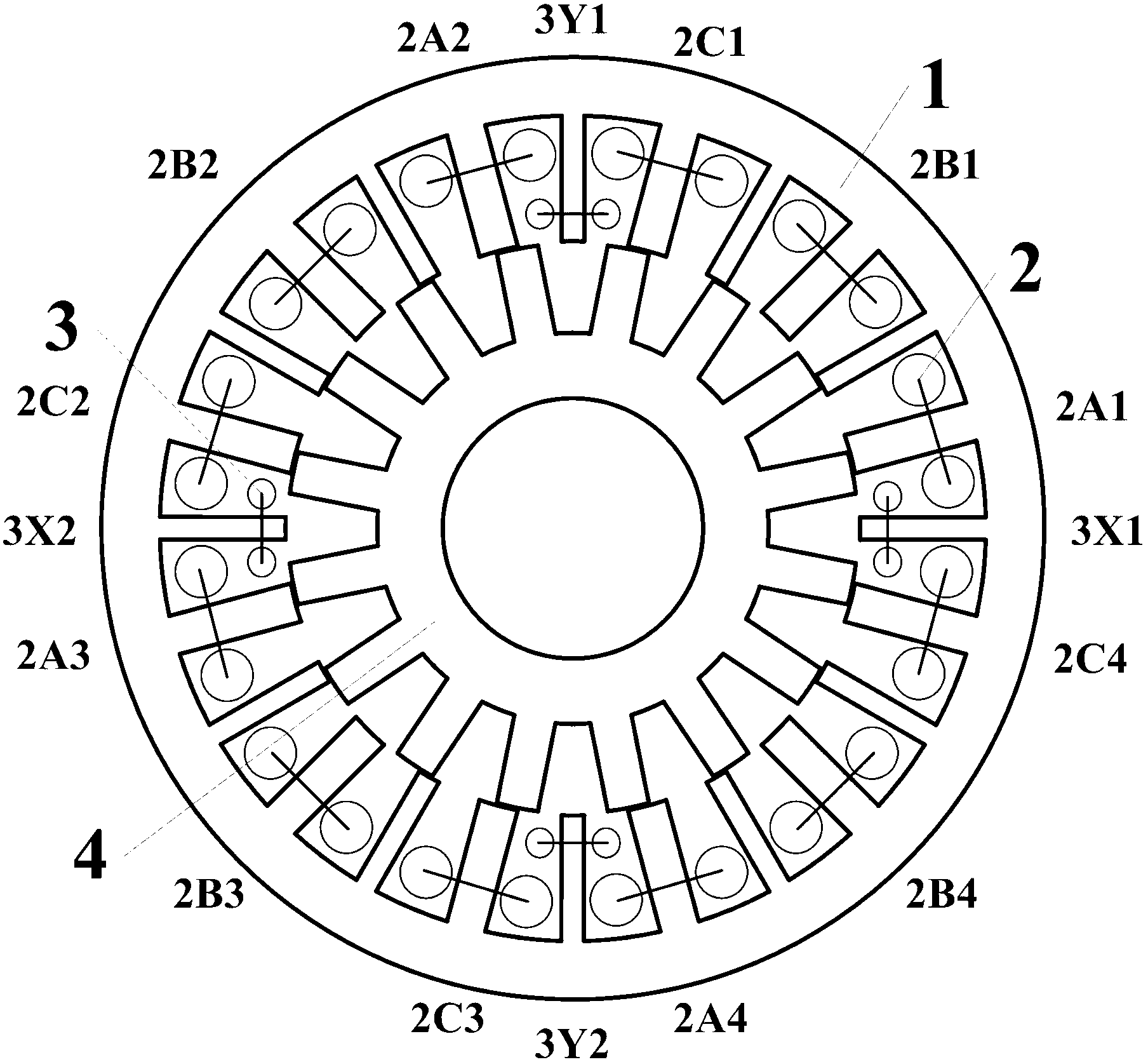 Four-pole bearingless switched reluctance motor