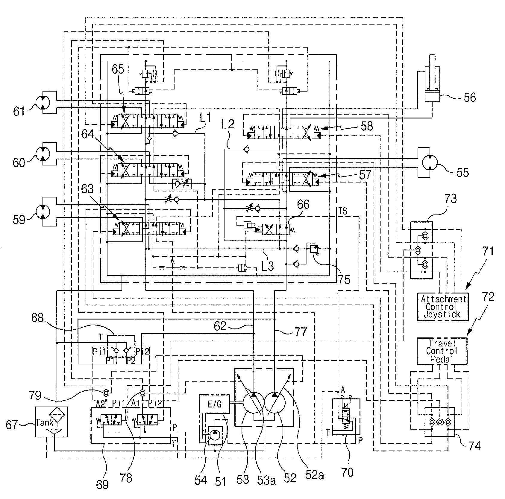 Hydraulic flow sharing system for excavating and pipe laying work