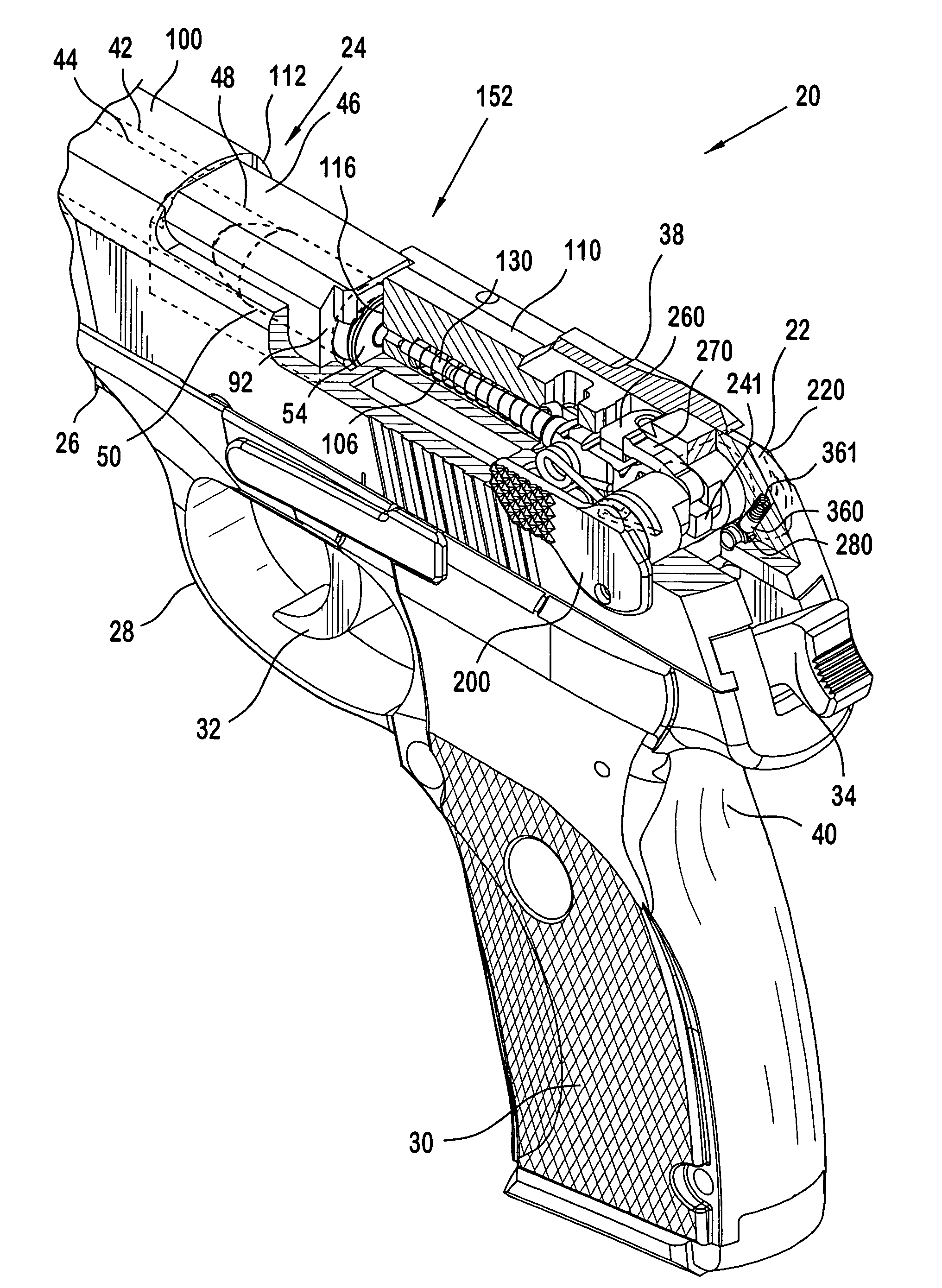 Pistol with firing pin locking mechanism