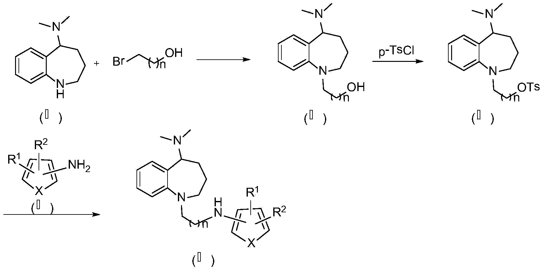 Benzoazepine derivative containing five-membered heterocycle as well as preparation method and application of derivative