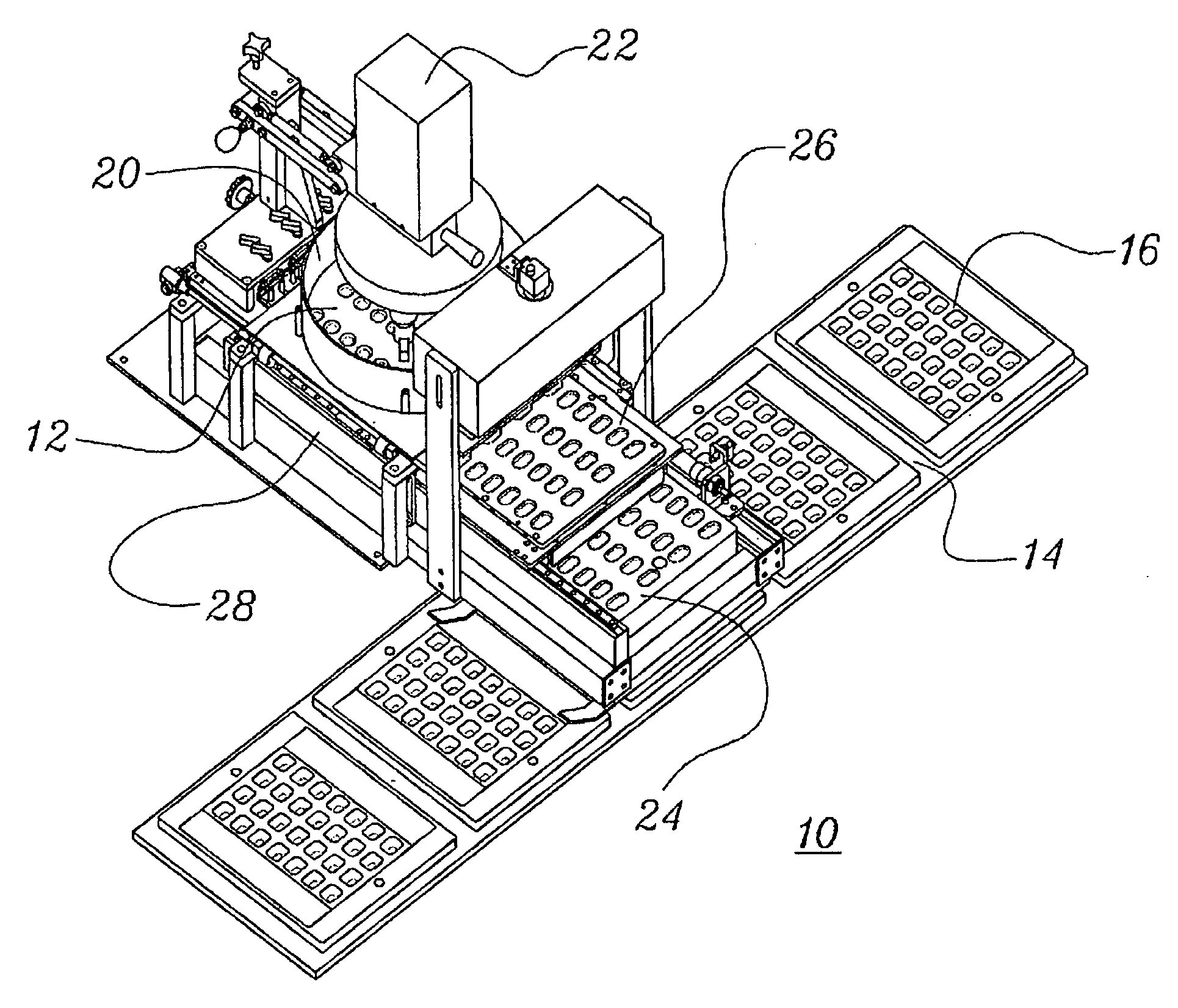 High speed automated filling of solid pharmaceutical product packaging via a conveyor system