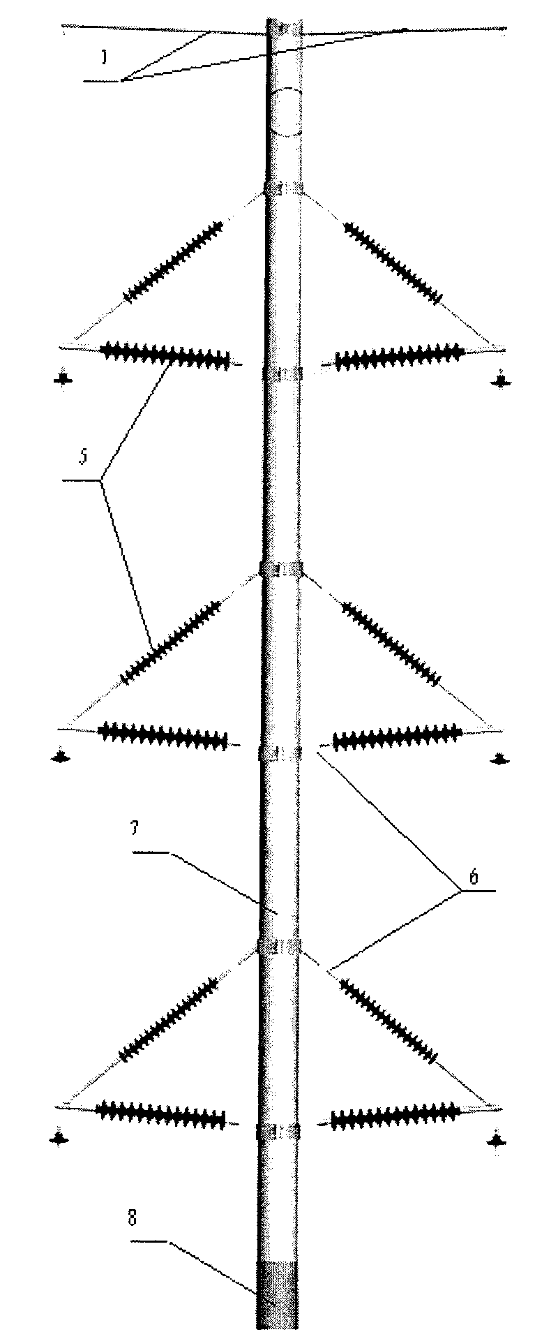 Vertically grounding down-leading method for center of composite material tower and tower thereof