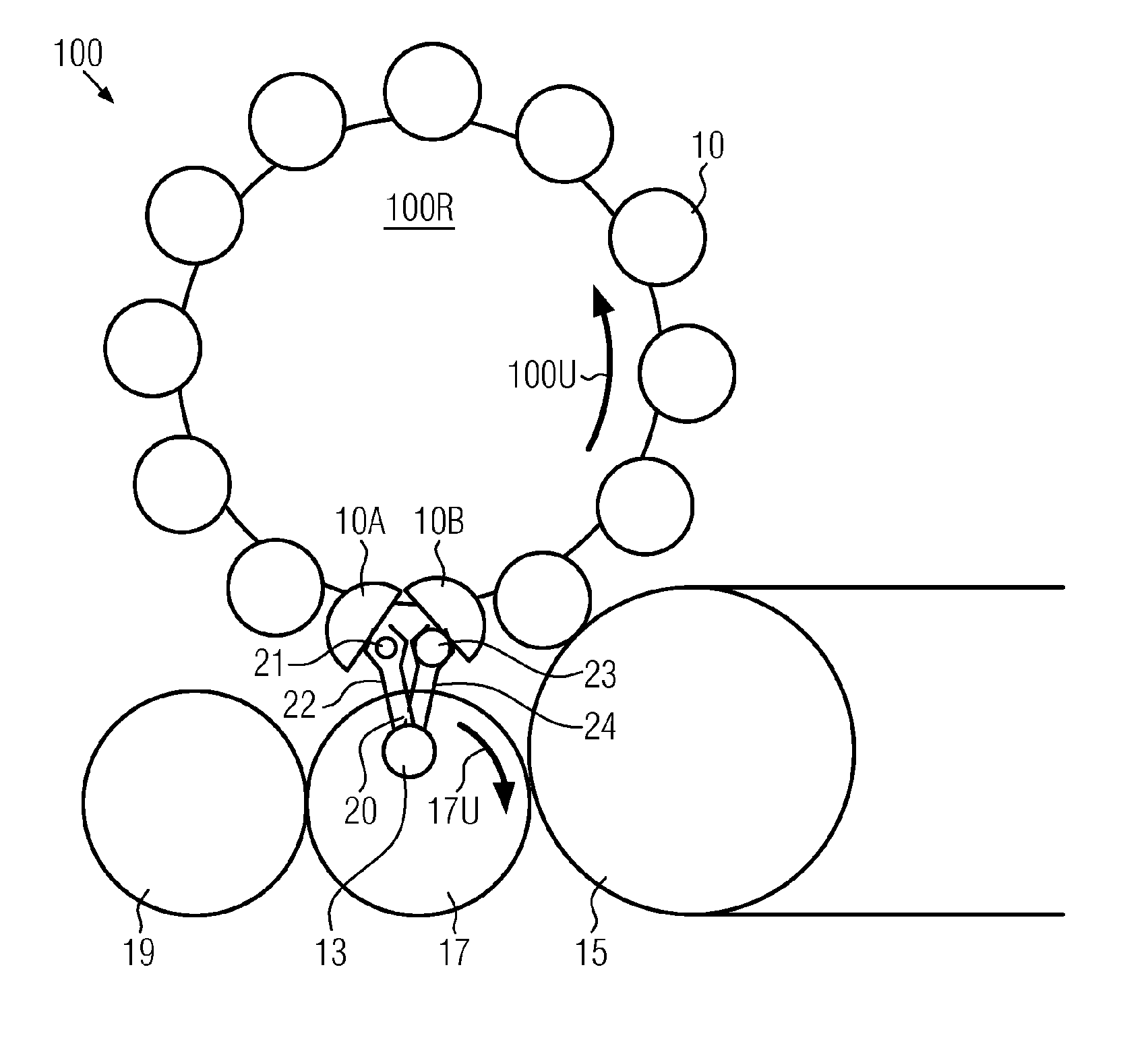 One-star system for feeding and discharging containers for processing machines