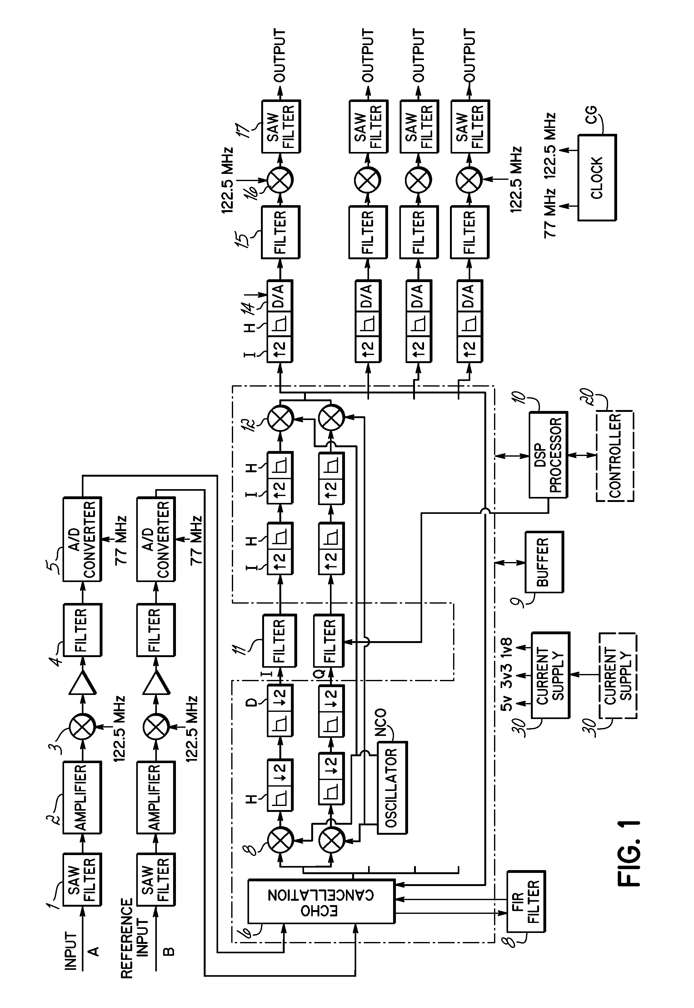 Digital repeater having bandpass filtering, adaptive pre-equalization and suppression of natural oscillation