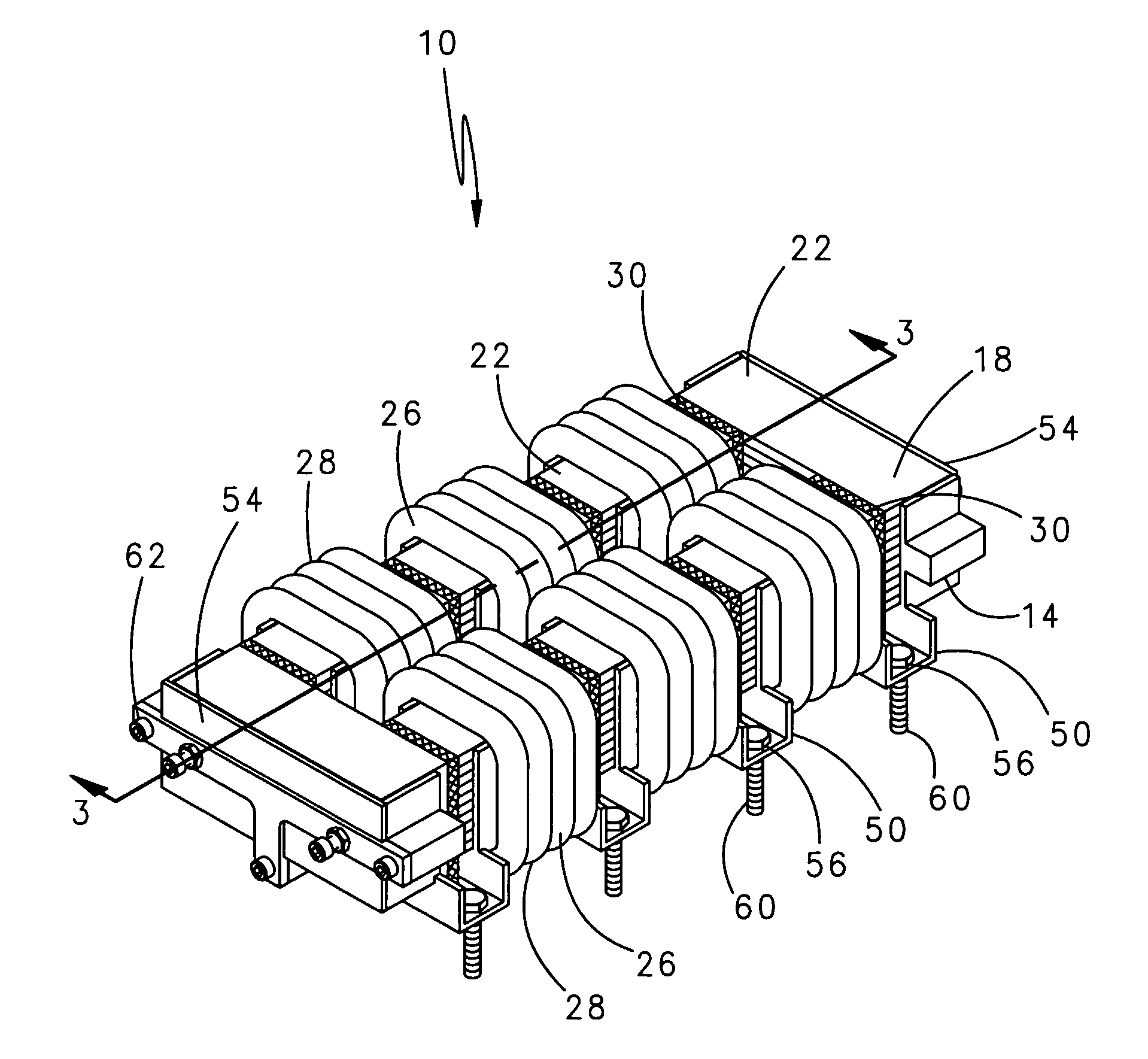 High current, multiple air gap, conduction cooled, stacked lamination inductor