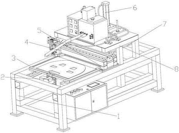 Automatic glue spraying and compounding machine for automobile trunk carpet production and production method