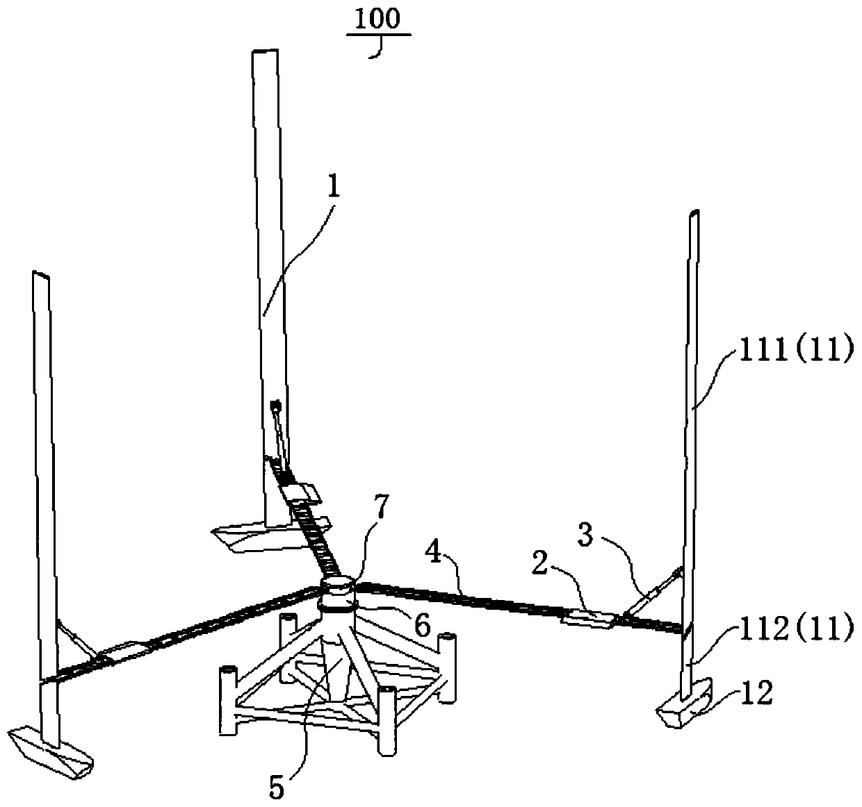 Floating blade offshore wind turbine with inclined axis pitch and self-starting function