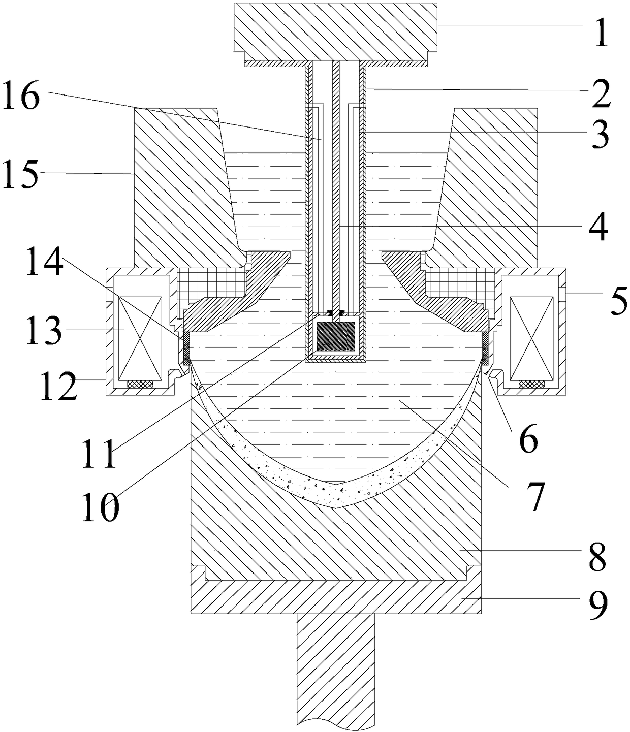 Device for preparing aluminum alloy cast ingot by using induction coil and permanent magnetism mixing in combination with DC