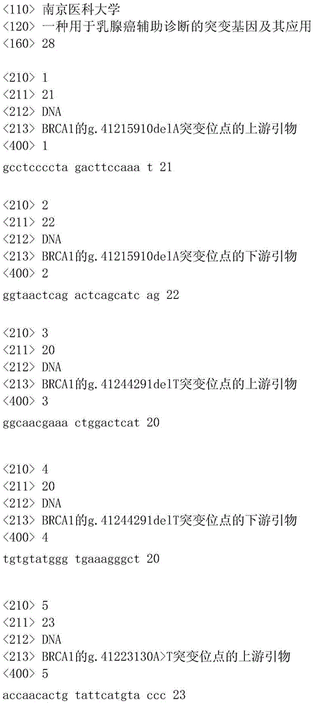 Mutant gene for breast cancer auxiliary diagnosis and application of mutant gene