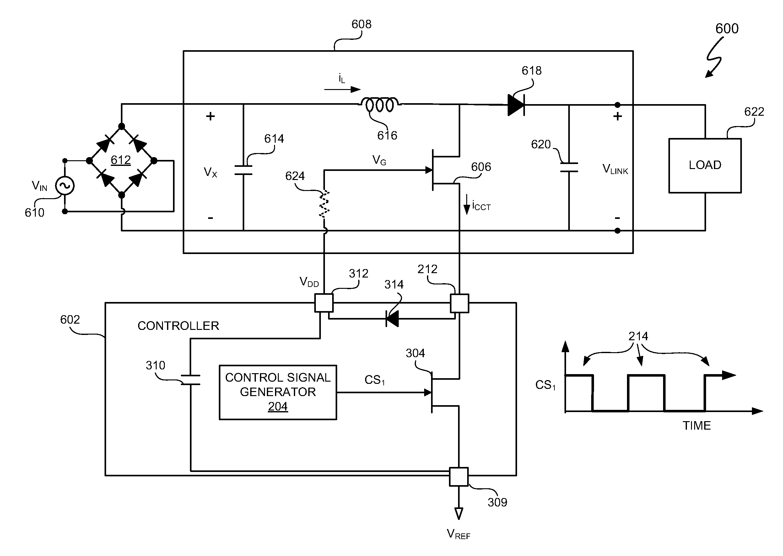 Cascode configured switching using at least one low breakdown voltage internal, integrated circuit switch to control at least one high breakdown voltage external switch