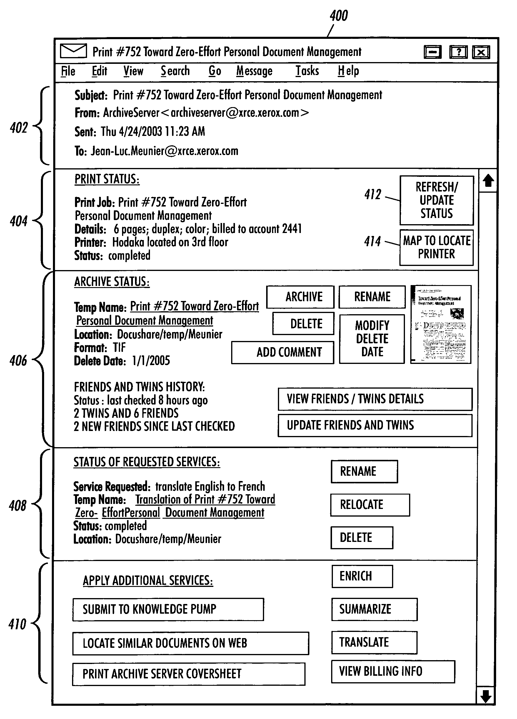 Output job request electronic message notification system and method