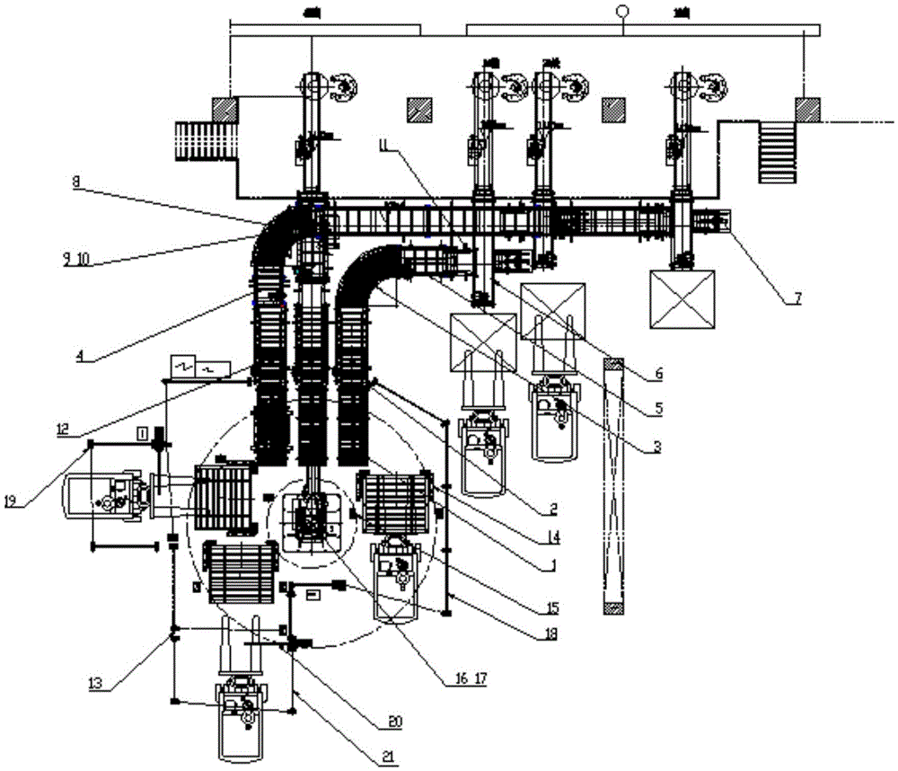 A palletizing device with three stacking positions without a pallet warehouse on a palletizing conveyor line