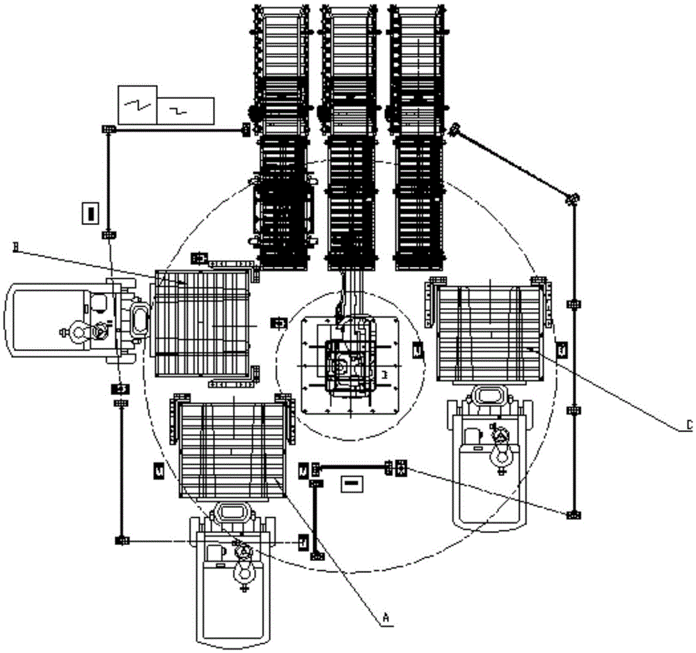 A palletizing device with three stacking positions without a pallet warehouse on a palletizing conveyor line