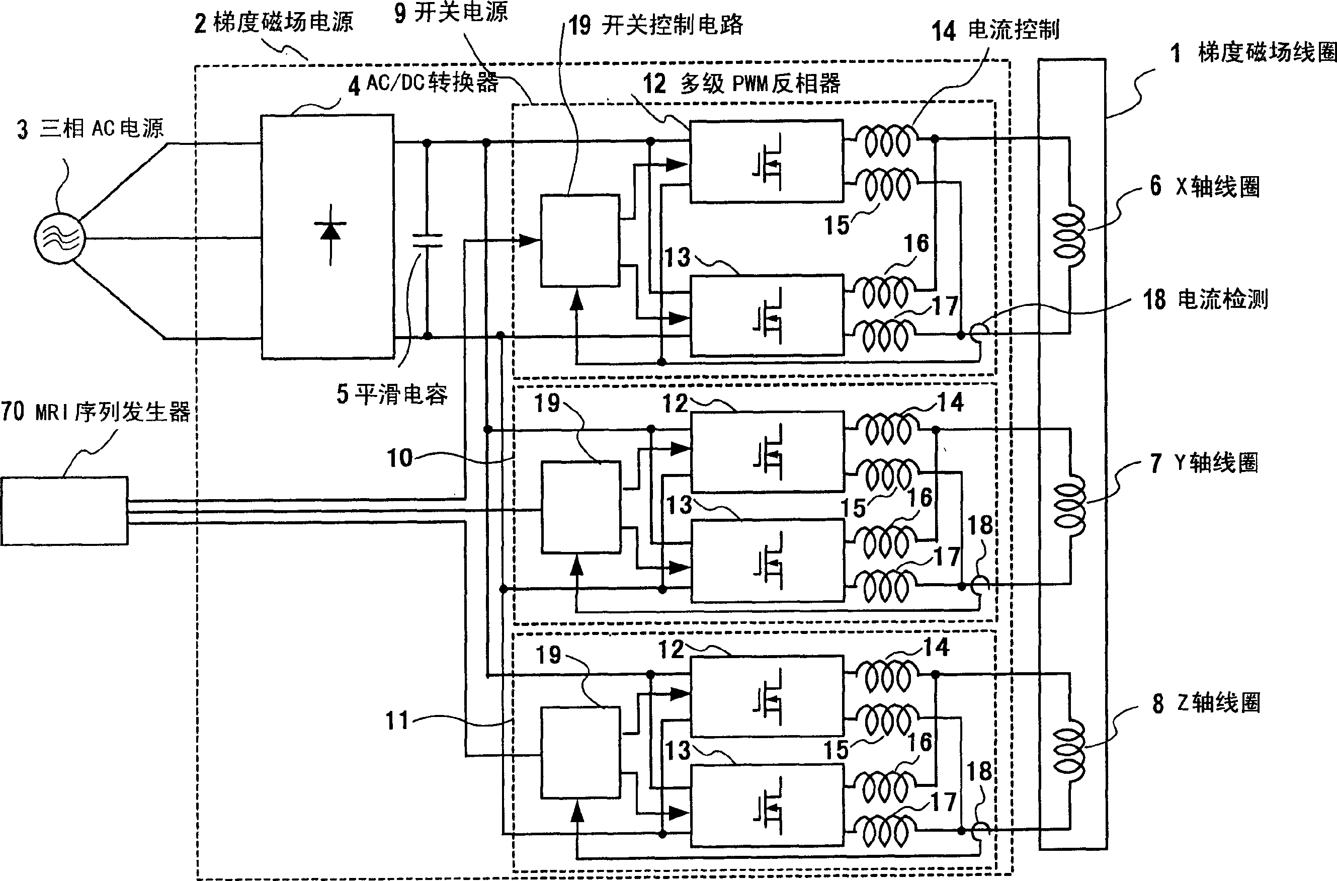 Switching type power source device and magneto-resonance imaging device using the same