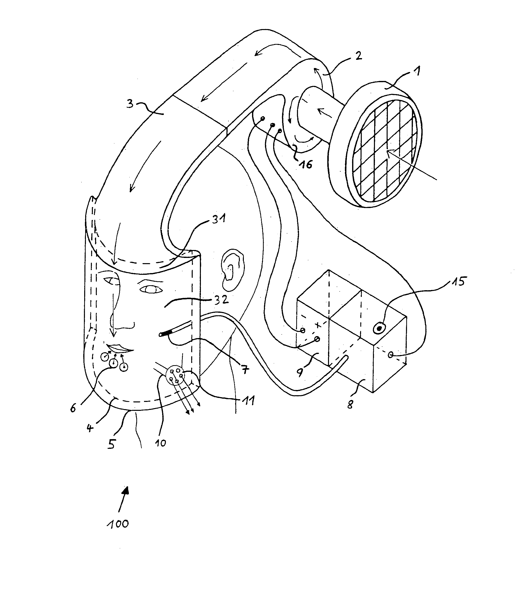 Gas mask and breathing equipment with a compressor