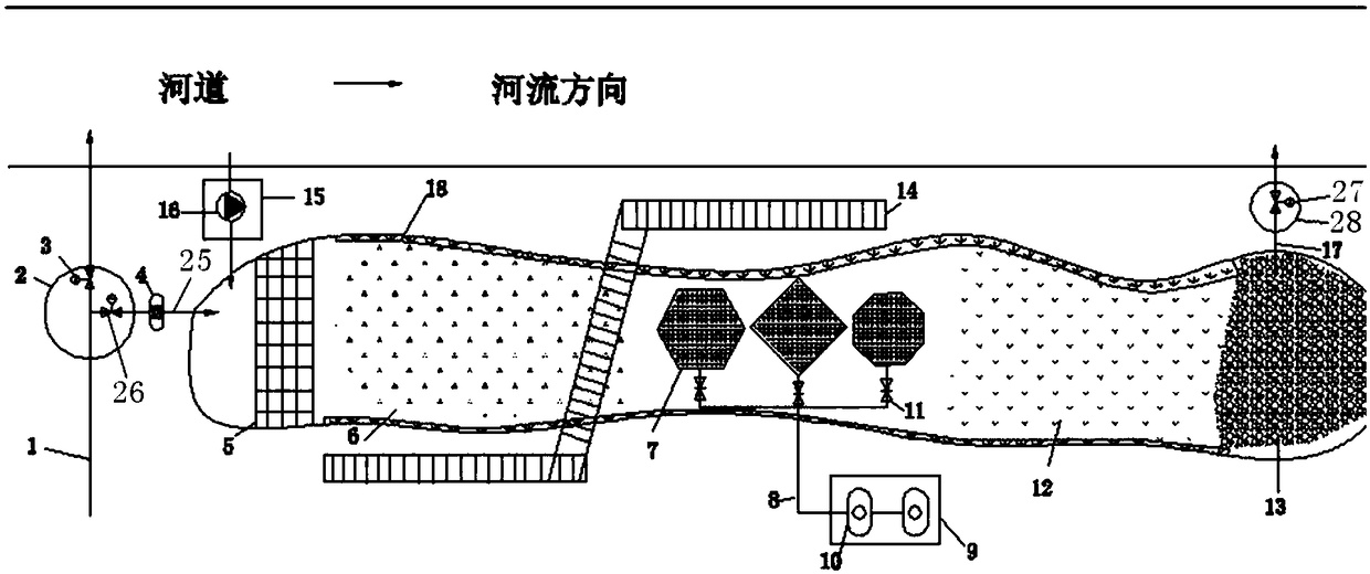 Riverside enhanced ecosystem integrating functions of regulation and storage treatment and landscaping